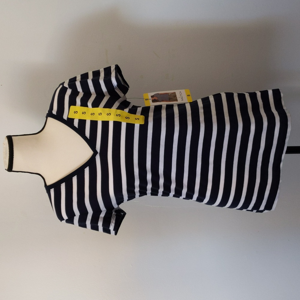 Nautica Striped V-neck Tee White & Navy Size Small